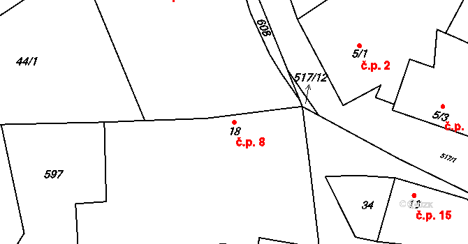Cvrčovice 8 na parcele st. 18 v KÚ Cvrčovice, Katastrální mapa