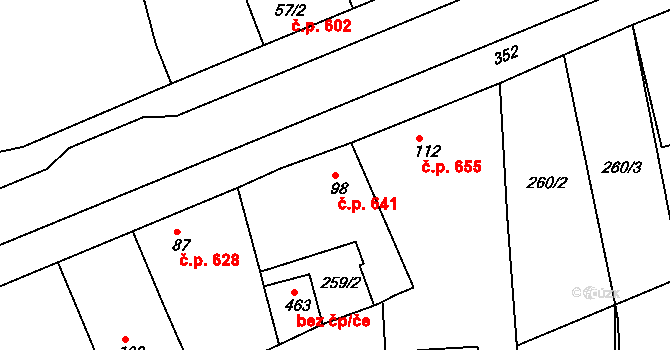 Rudná 641 na parcele st. 98 v KÚ Hořelice, Katastrální mapa