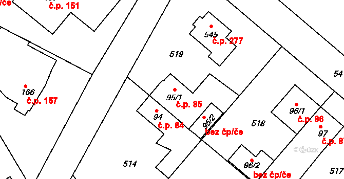 Hrádek 85 na parcele st. 95/1 v KÚ Hrádek u Rokycan, Katastrální mapa