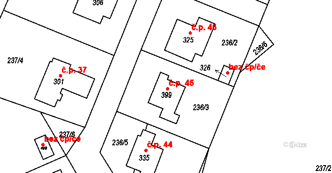 Horní Bradlo 45 na parcele st. 399 v KÚ Horní Bradlo, Katastrální mapa