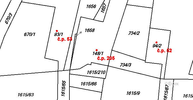 Horní Roveň 205, Dolní Roveň na parcele st. 148/1 v KÚ Horní Roveň, Katastrální mapa