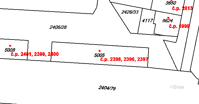 Zelené Předměstí 2397, Pardubice na parcele st. 5005 v KÚ Pardubice, Katastrální mapa