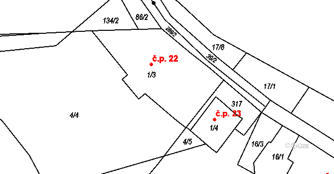 Horní Záhoří 22, Lubenec na parcele st. 1/3 v KÚ Horní Záhoří, Katastrální mapa