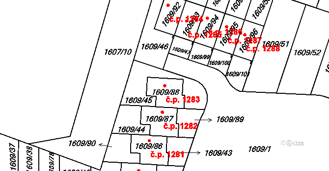 Kosmonosy 1283 na parcele st. 1609/88 v KÚ Kosmonosy, Katastrální mapa