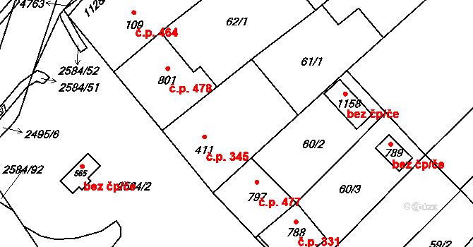 Bořetice 345 na parcele st. 411 v KÚ Bořetice u Hustopečí, Katastrální mapa