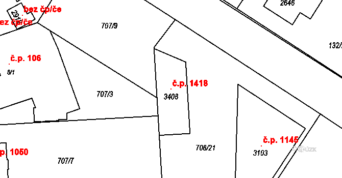 Sezimovo Ústí 1418 na parcele st. 3408 v KÚ Sezimovo Ústí, Katastrální mapa