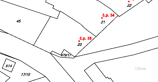 Trávník 35, Kroměříž na parcele st. 20 v KÚ Trávník, Katastrální mapa
