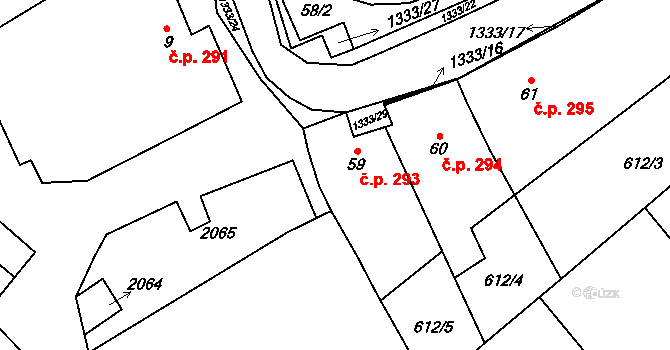 Chlupice 293, Hostěradice na parcele st. 59 v KÚ Chlupice, Katastrální mapa