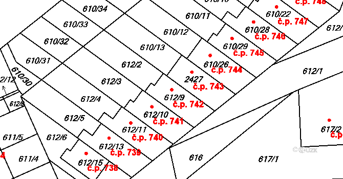 Chropyně 742 na parcele st. 612/9 v KÚ Chropyně, Katastrální mapa