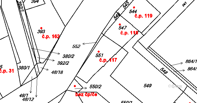 Loděnice 117 na parcele st. 551 v KÚ Loděnice u Berouna, Katastrální mapa