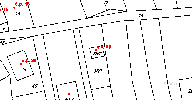 Hořice 55, Blansko na parcele st. 35/2 v KÚ Hořice u Blanska, Katastrální mapa