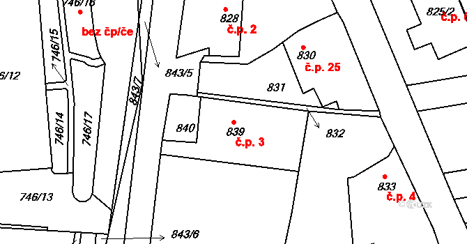 Neřežín 3, Chaloupky na parcele st. 839 v KÚ Chaloupky, Katastrální mapa