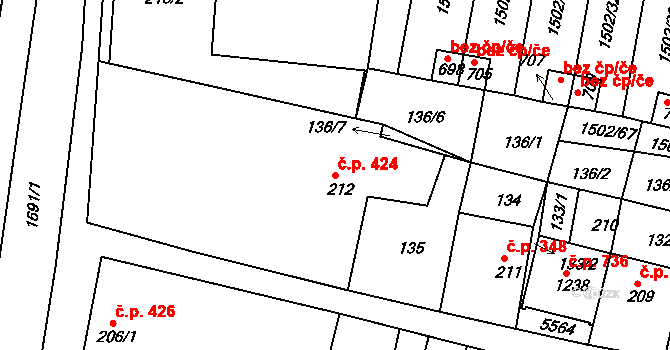 Jevíčko 424 na parcele st. 212 v KÚ Jevíčko-předměstí, Katastrální mapa