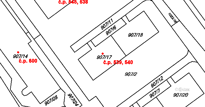 Obřany 539,540, Brno na parcele st. 907/17 v KÚ Obřany, Katastrální mapa