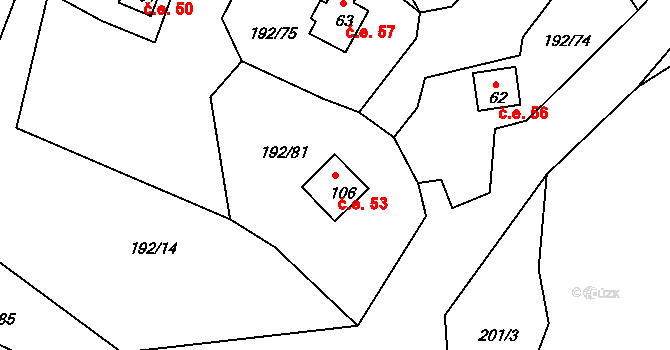 Mradice 53, Postoloprty na parcele st. 106 v KÚ Mradice, Katastrální mapa
