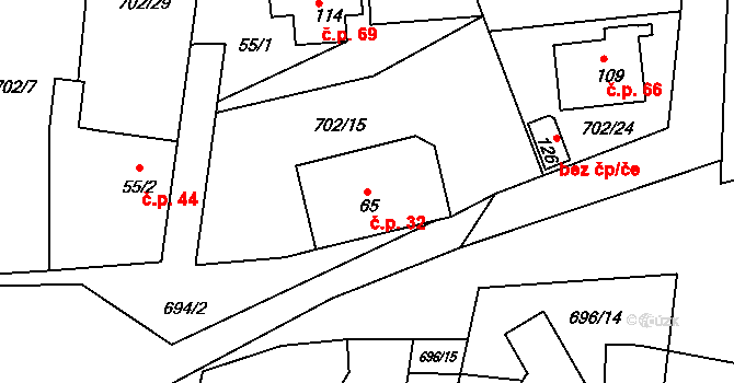 Skrýšov 32, Pelhřimov na parcele st. 65/1 v KÚ Skrýšov u Pelhřimova, Katastrální mapa