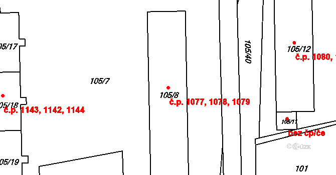 Frýdlant 1077,1078,1079, Frýdlant nad Ostravicí na parcele st. 105/8 v KÚ Frýdlant nad Ostravicí, Katastrální mapa