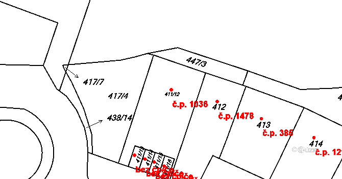 Holešovice 1036, Praha na parcele st. 411/12 v KÚ Holešovice, Katastrální mapa