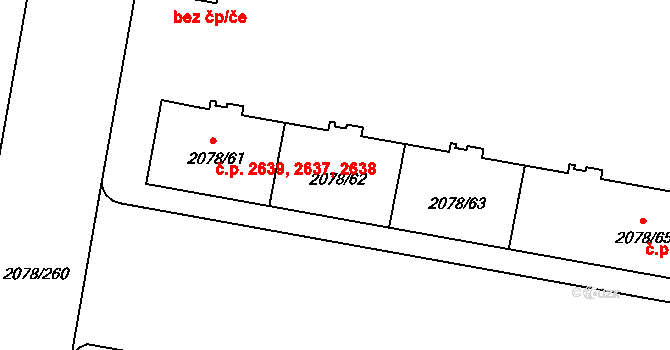 Záběhlice 2638, Praha na parcele st. 2078/62 v KÚ Záběhlice, Katastrální mapa