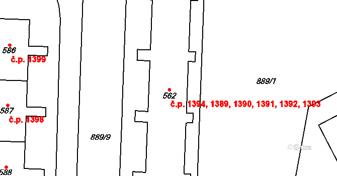 Vrchlabí 1389,1390,1391,1392, na parcele st. 562 v KÚ Podhůří-Harta, Katastrální mapa
