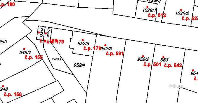 Blučina 591 na parcele st. 952/3 v KÚ Blučina, Katastrální mapa