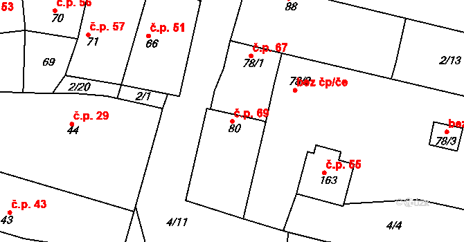 Jabkenice 69 na parcele st. 80 v KÚ Jabkenice, Katastrální mapa