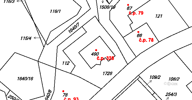 Rosice 328 na parcele st. 490 v KÚ Rosice u Chrasti, Katastrální mapa
