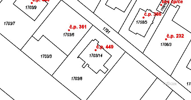 Kozmice 449 na parcele st. 1703/14 v KÚ Kozmice, Katastrální mapa