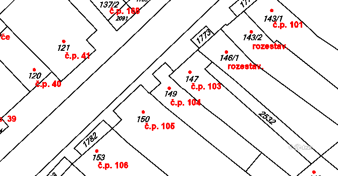 Hostěrádky-Rešov 104 na parcele st. 149 v KÚ Hostěrádky, Katastrální mapa