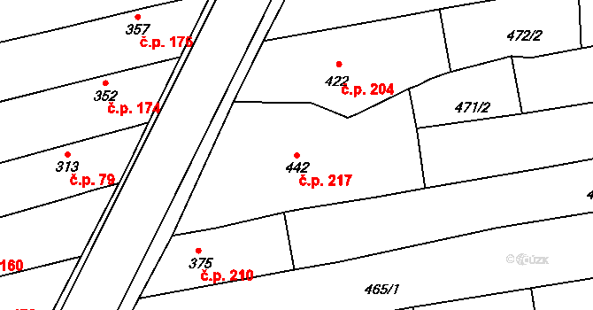 Hradčovice 217 na parcele st. 442 v KÚ Hradčovice, Katastrální mapa