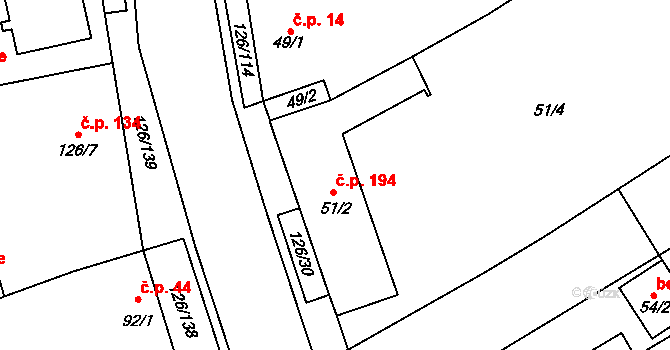 Branišovice 194 na parcele st. 51/2 v KÚ Branišovice, Katastrální mapa