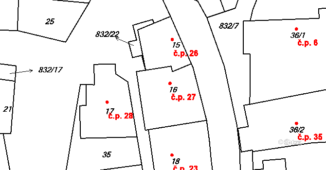Bor u Chroustovic 27, Rosice na parcele st. 16 v KÚ Bor u Chroustovic, Katastrální mapa