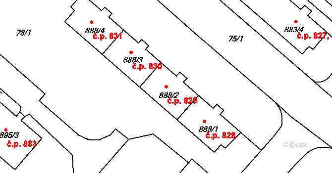 Neratovice 829 na parcele st. 888/2 v KÚ Neratovice, Katastrální mapa