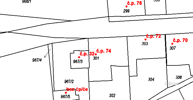 Hlohovčice 74 na parcele st. 301 v KÚ Hlohovčice, Katastrální mapa