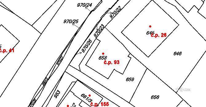 Loučka 93, Nový Jičín na parcele st. 658 v KÚ Loučka u Nového Jičína, Katastrální mapa