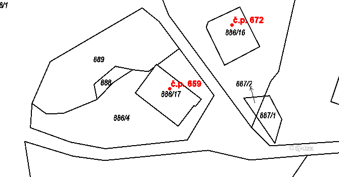 Desná II 659, Desná na parcele st. 886/17 v KÚ Desná II, Katastrální mapa