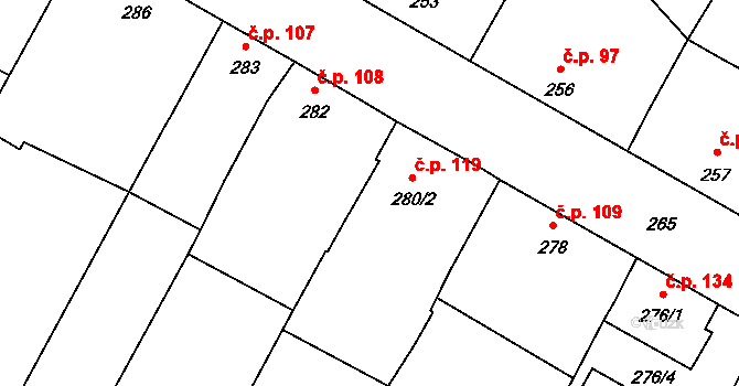 Těšetice 119 na parcele st. 280/2 v KÚ Těšetice u Znojma, Katastrální mapa