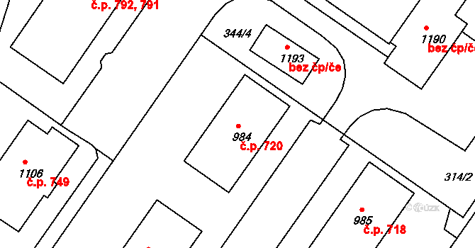 Trhové Sviny 720 na parcele st. 984 v KÚ Trhové Sviny, Katastrální mapa