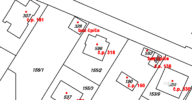 Dobronín 318 na parcele st. 596 v KÚ Dobronín, Katastrální mapa