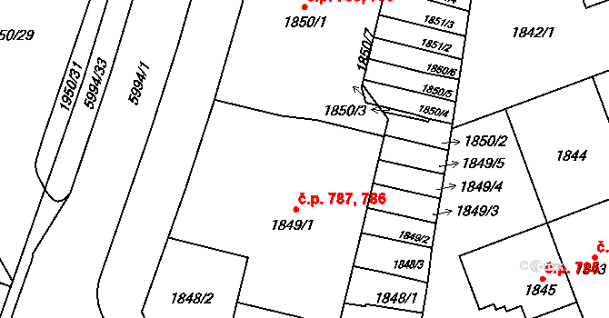 Jihlava 786,787 na parcele st. 1849/1 v KÚ Jihlava, Katastrální mapa