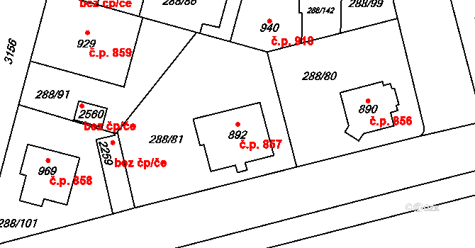 Kyjov 857 na parcele st. 892 v KÚ Kyjov, Katastrální mapa