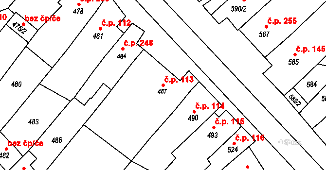 Šaratice 113 na parcele st. 487 v KÚ Šaratice, Katastrální mapa