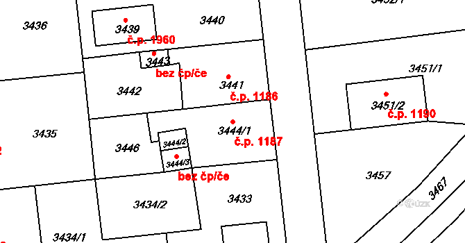 Pod Bezručovým vrchem 1187, Krnov na parcele st. 3444/1 v KÚ Krnov-Horní Předměstí, Katastrální mapa