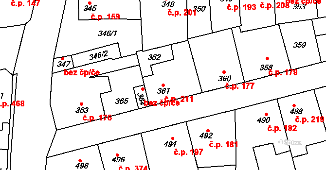 Švermov 211, Kladno na parcele st. 361 v KÚ Motyčín, Katastrální mapa