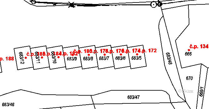 Staříč 176 na parcele st. 683/7 v KÚ Staříč, Katastrální mapa