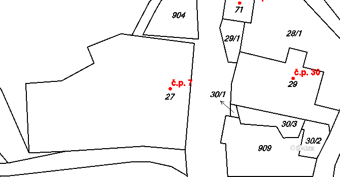 Horní Chobolice 7, Liběšice na parcele st. 27 v KÚ Horní Chobolice, Katastrální mapa