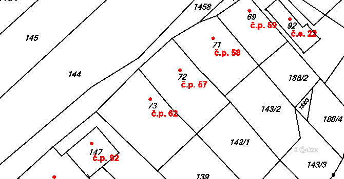 Rohozec 57 na parcele st. 72 v KÚ Rohozec u Tišnova, Katastrální mapa