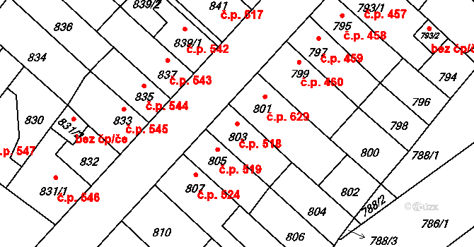 Pelhřimov 518 na parcele st. 803 v KÚ Pelhřimov, Katastrální mapa