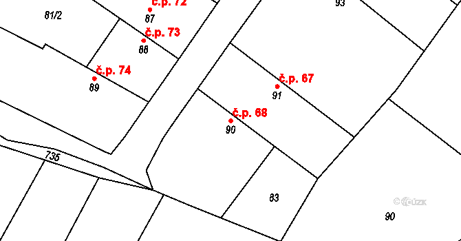 Čečelice 68 na parcele st. 90 v KÚ Čečelice, Katastrální mapa
