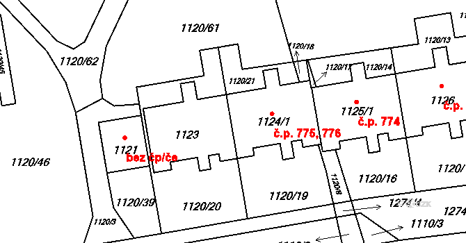 Háje 775,776, Praha na parcele st. 1124/1 v KÚ Háje, Katastrální mapa